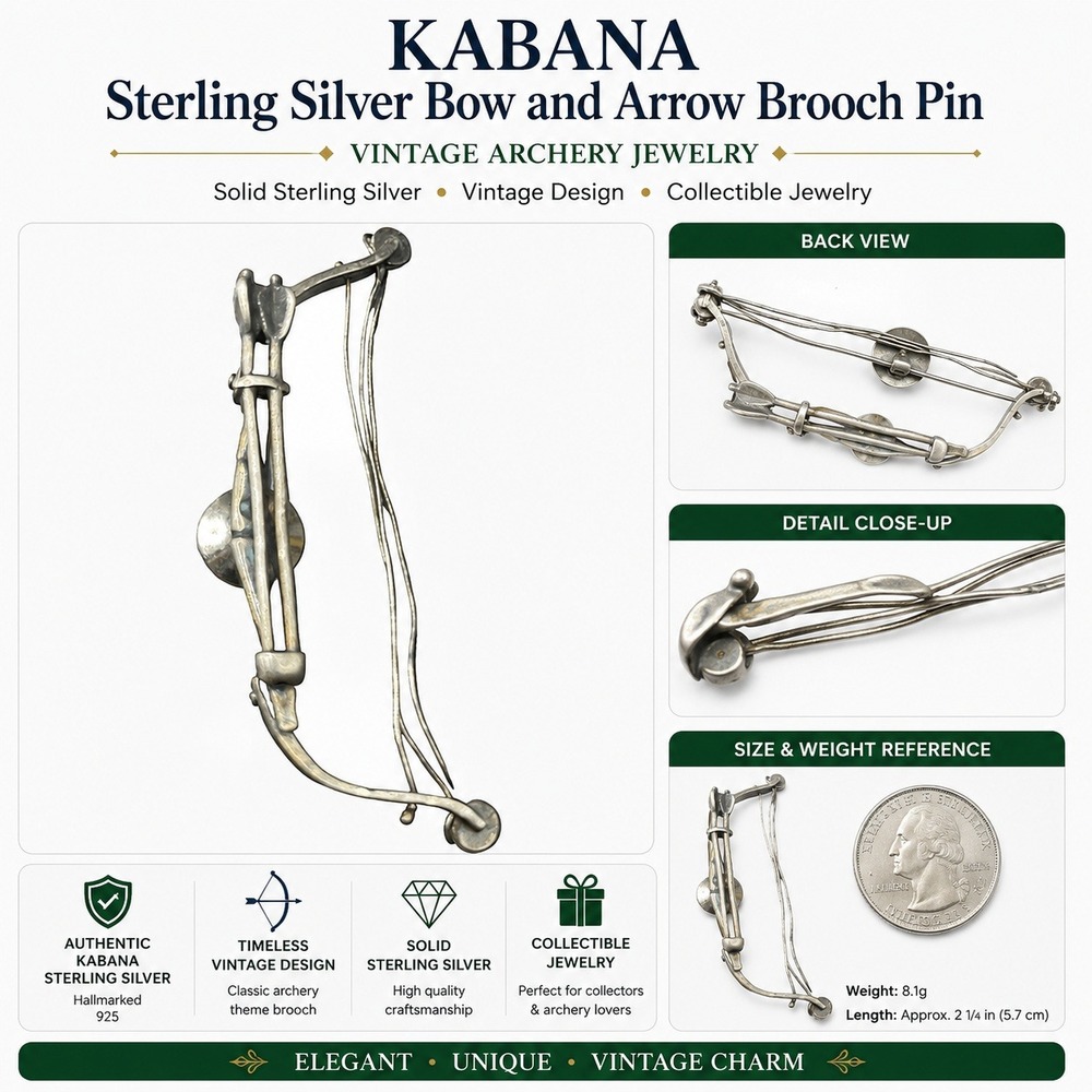 Kabana Sterling‎ Silver Bow and Arrow Brooch Pin Vintage Archery Jewelry 8.1g